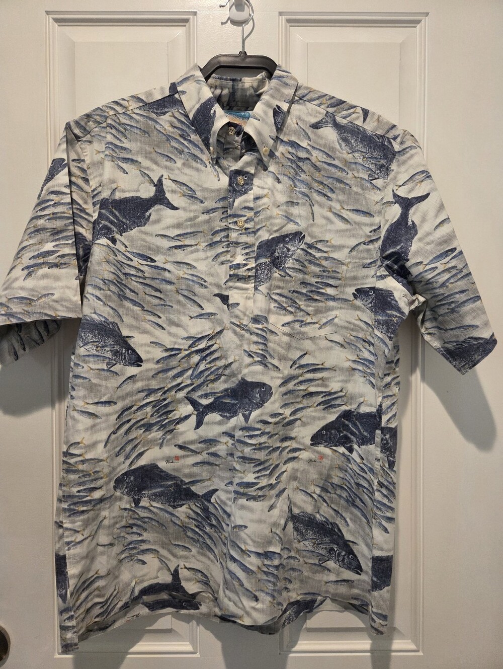Reyn Spooner Gyotaku by Naoki Blue Fish Cotton Blend Men's Pullover Shirt XL